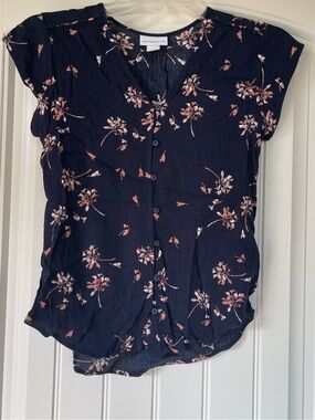 Liz Claiborne Navy Floral Button-Up V-Neck Top